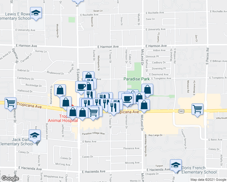 map of restaurants, bars, coffee shops, grocery stores, and more near 35 South Topaz Street in Las Vegas