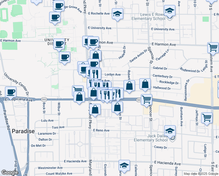 map of restaurants, bars, coffee shops, grocery stores, and more near 1401 Elizabeth Avenue in Las Vegas