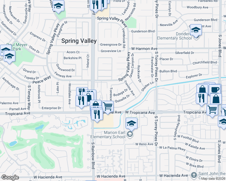 map of restaurants, bars, coffee shops, grocery stores, and more near 4771 Torrence Drive in Las Vegas