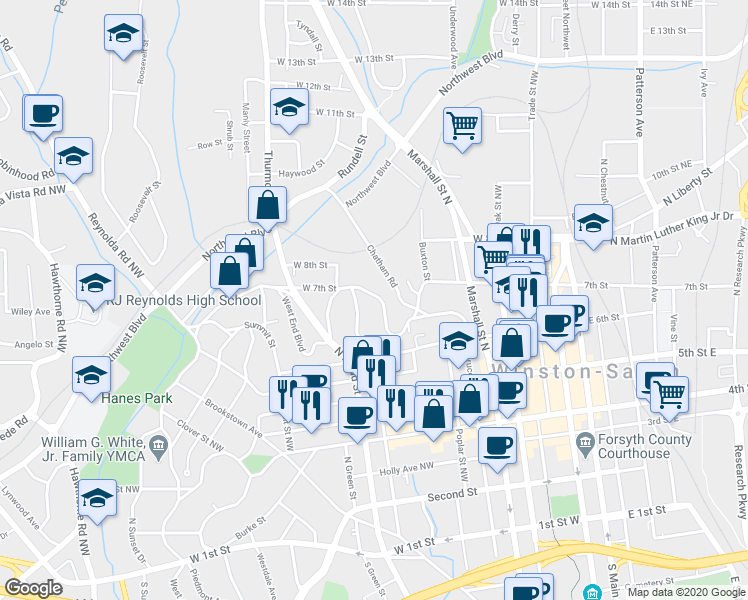 map of restaurants, bars, coffee shops, grocery stores, and more near 156 West End Boulevard in Winston-Salem
