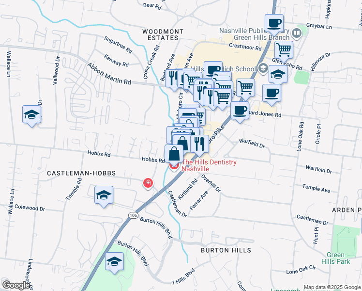 map of restaurants, bars, coffee shops, grocery stores, and more near 4107 Hillsboro Circle in Nashville