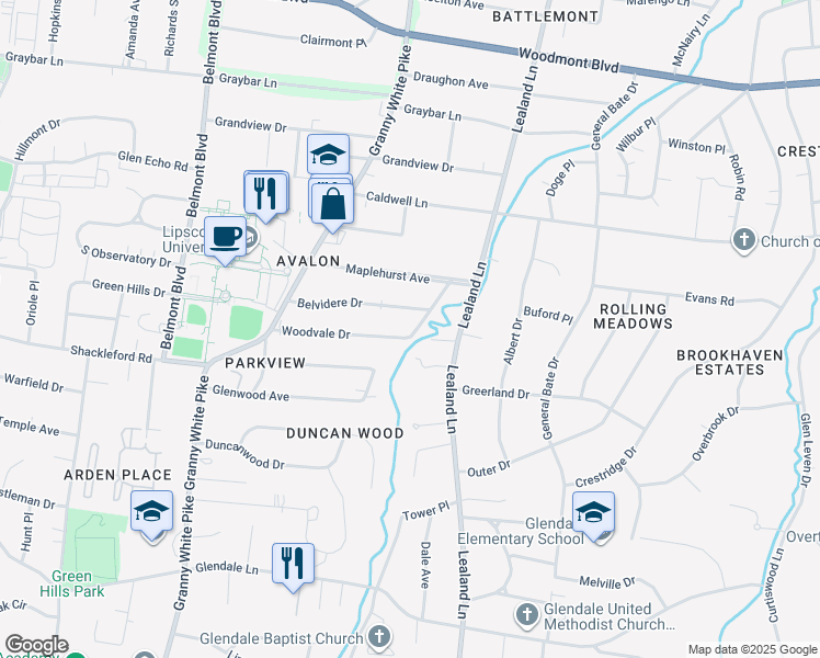 map of restaurants, bars, coffee shops, grocery stores, and more near 1025 Woodvale Drive in Nashville