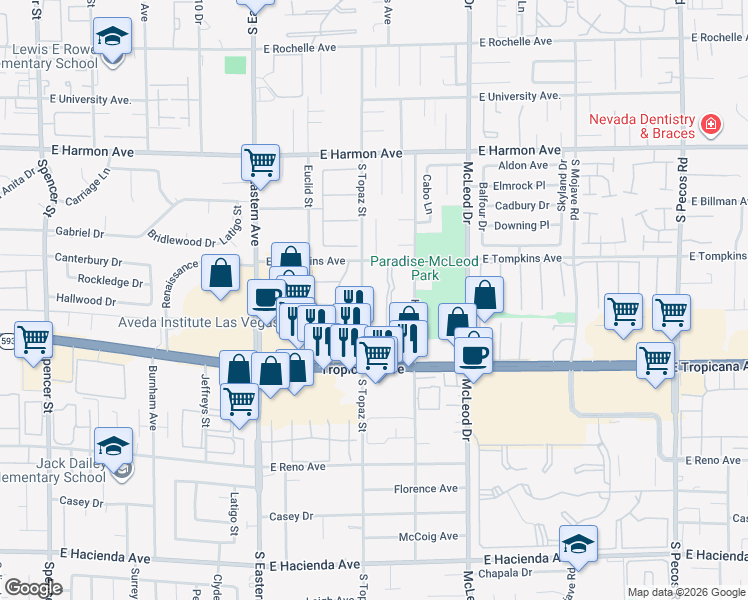 map of restaurants, bars, coffee shops, grocery stores, and more near 35 South Topaz Street in Las Vegas