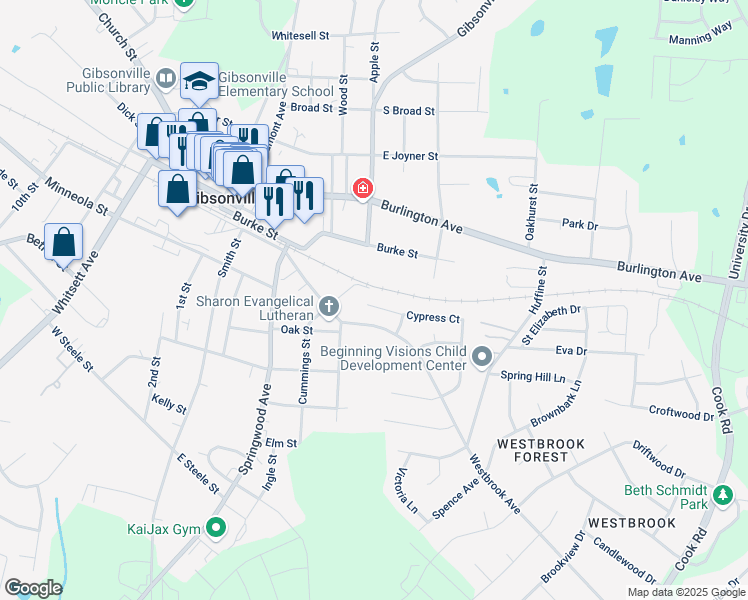 map of restaurants, bars, coffee shops, grocery stores, and more near 210 Cypress Court in Gibsonville