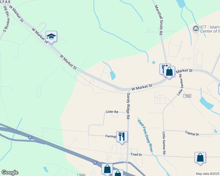 map of restaurants, bars, coffee shops, grocery stores, and more near 9015 West Market Street in Greensboro