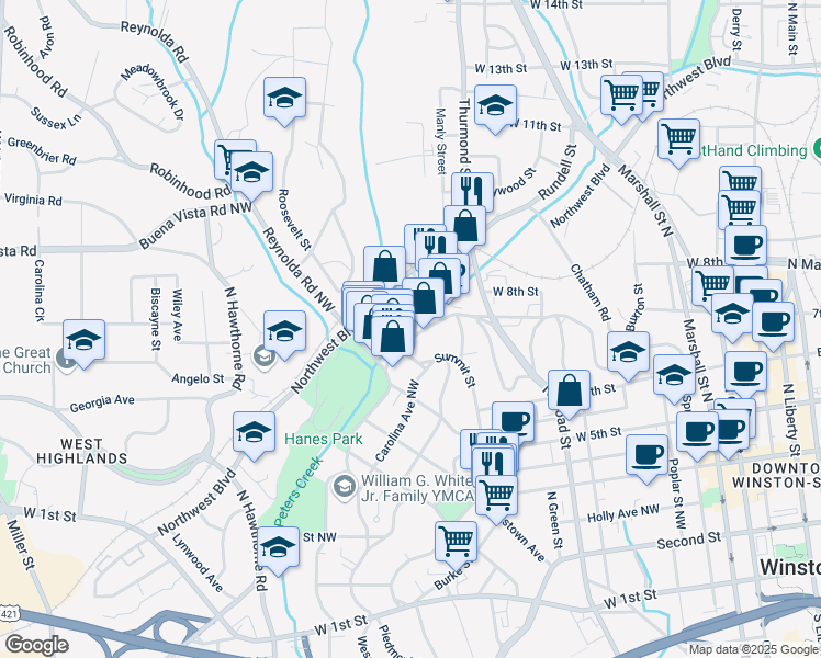 map of restaurants, bars, coffee shops, grocery stores, and more near 457 West End Boulevard in Winston-Salem