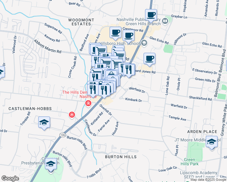 map of restaurants, bars, coffee shops, grocery stores, and more near 4106 Hillsboro Pike in Nashville