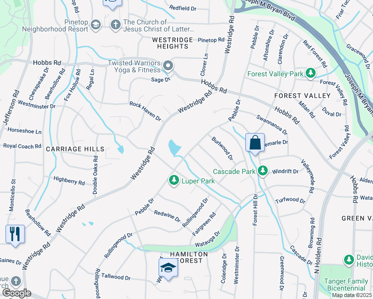 map of restaurants, bars, coffee shops, grocery stores, and more near 1301 Pebble Drive in Greensboro