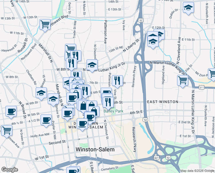 map of restaurants, bars, coffee shops, grocery stores, and more near 630 Patterson Avenue in Winston-Salem