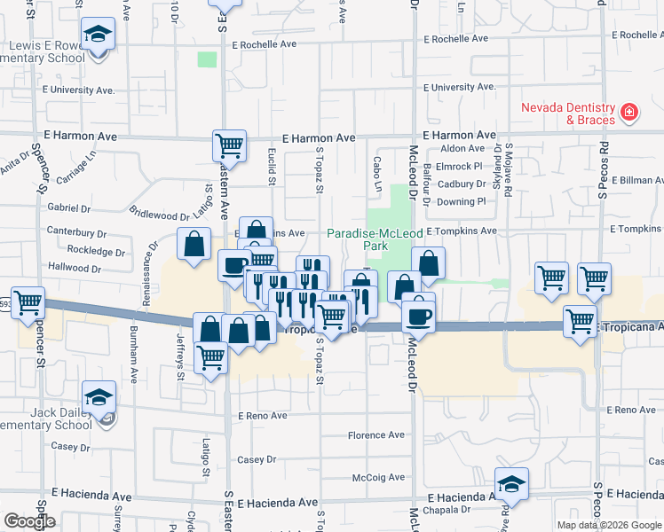 map of restaurants, bars, coffee shops, grocery stores, and more near 4770 South Topaz Street in Las Vegas