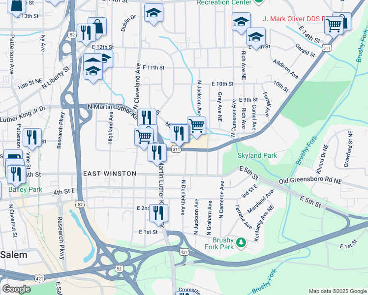 map of restaurants, bars, coffee shops, grocery stores, and more near 1456 New Walkertown Rd NE in Winston-Salem