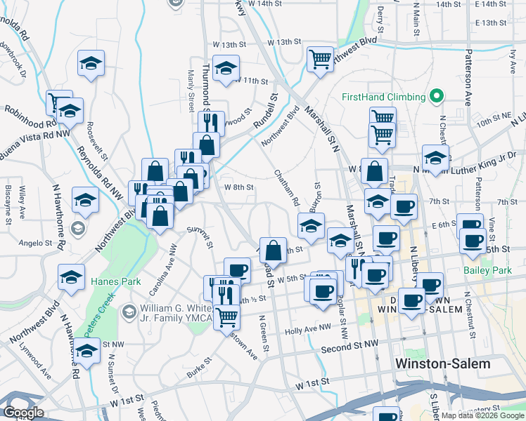 map of restaurants, bars, coffee shops, grocery stores, and more near 666 North Spring Street in Winston-Salem