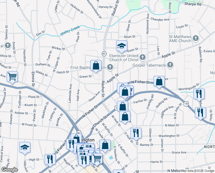 map of restaurants, bars, coffee shops, grocery stores, and more near 423 Rauhut Street in Burlington
