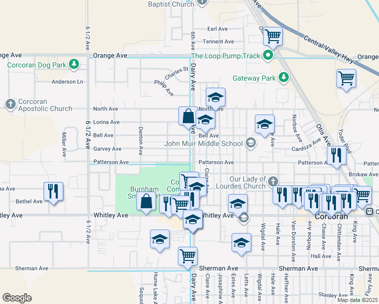 map of restaurants, bars, coffee shops, grocery stores, and more near 2004 Patterson Avenue in Corcoran