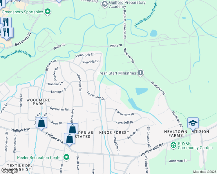 map of restaurants, bars, coffee shops, grocery stores, and more near 1804 Prince Albert Drive in Greensboro