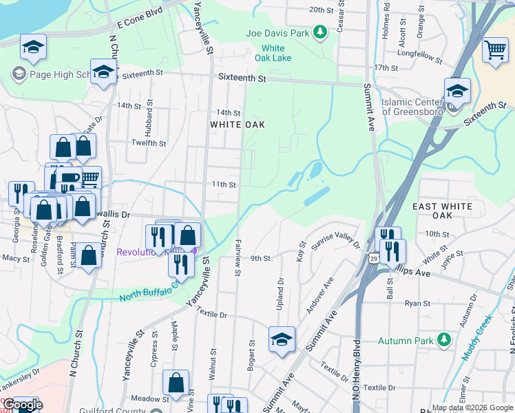 map of restaurants, bars, coffee shops, grocery stores, and more near 1700 Fairview Street in Greensboro