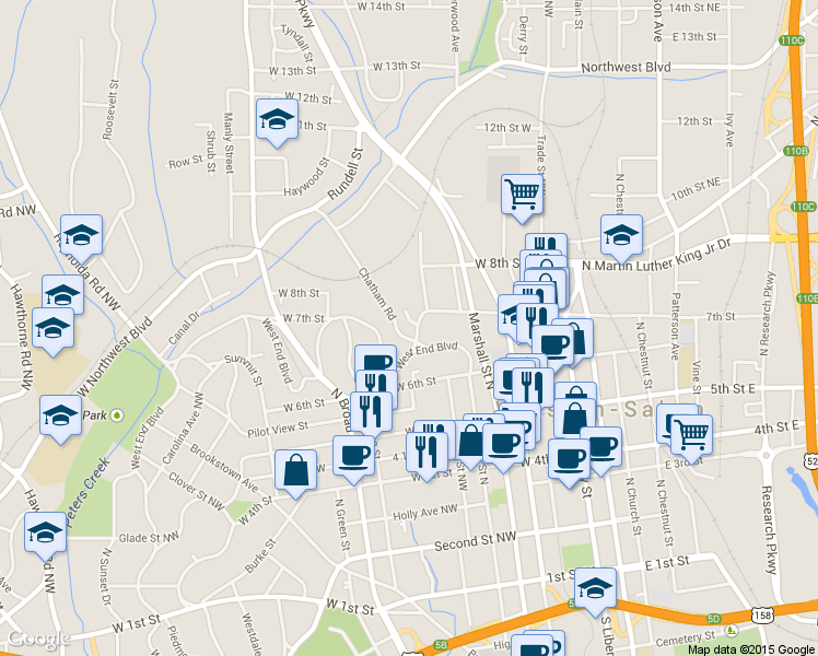 map of restaurants, bars, coffee shops, grocery stores, and more near 701 Chatham Road in Winston-Salem