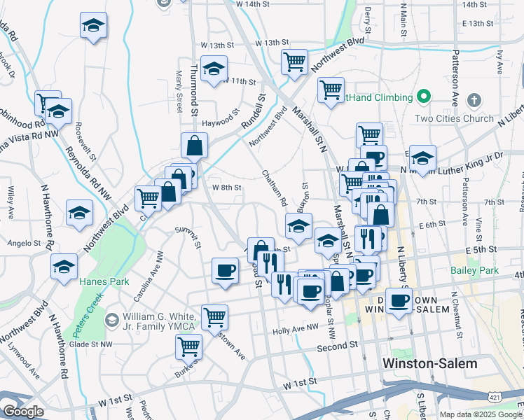 map of restaurants, bars, coffee shops, grocery stores, and more near 156 West End Boulevard in Winston-Salem