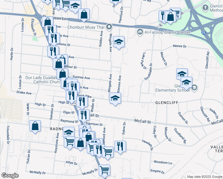 map of restaurants, bars, coffee shops, grocery stores, and more near 3220 Wingate Avenue in Nashville