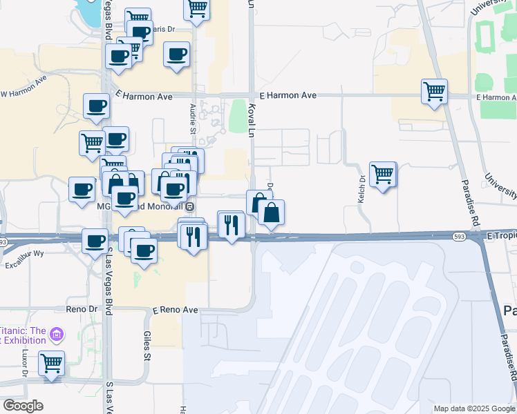 map of restaurants, bars, coffee shops, grocery stores, and more near 4835 Koval Lane in Las Vegas