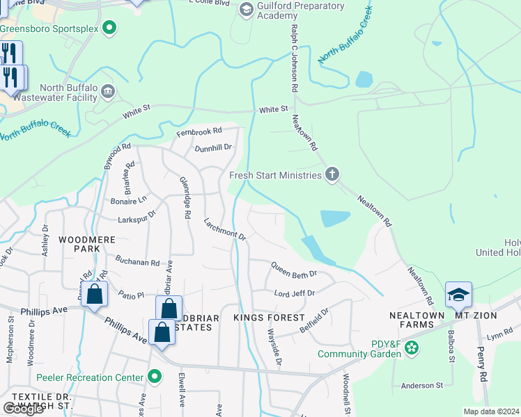 map of restaurants, bars, coffee shops, grocery stores, and more near 4103 Falconridge Road in Greensboro