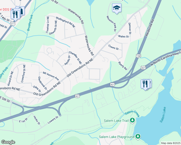 map of restaurants, bars, coffee shops, grocery stores, and more near 437 Nash Avenue Northeast in Winston-Salem