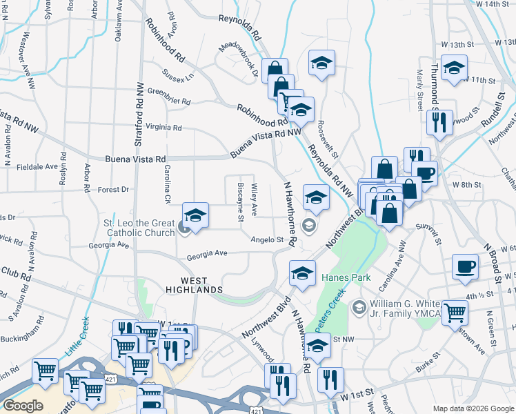 map of restaurants, bars, coffee shops, grocery stores, and more near 310 Wiley Avenue in Winston-Salem