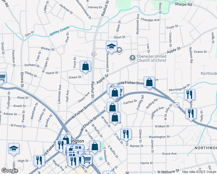 map of restaurants, bars, coffee shops, grocery stores, and more near 526 North Fisher Street in Burlington
