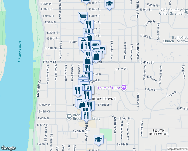 map of restaurants, bars, coffee shops, grocery stores, and more near 1328 East 42nd Street in Tulsa