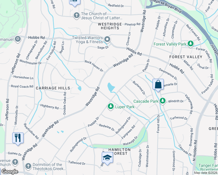 map of restaurants, bars, coffee shops, grocery stores, and more near 1108 Westminster Drive in Greensboro