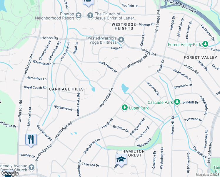 map of restaurants, bars, coffee shops, grocery stores, and more near 1131 Westridge Road in Greensboro