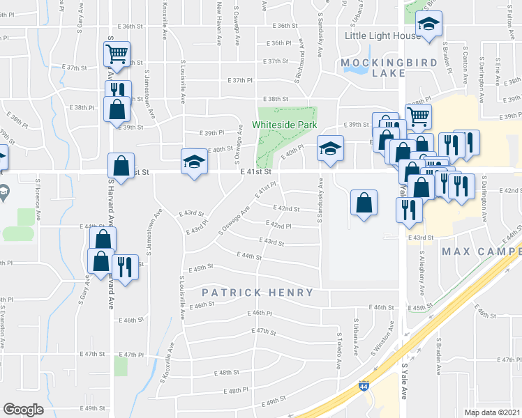 map of restaurants, bars, coffee shops, grocery stores, and more near 4014 East 42nd Street in Tulsa