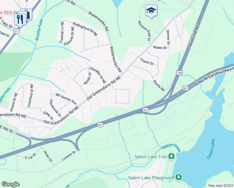 map of restaurants, bars, coffee shops, grocery stores, and more near 437 Nash Avenue Northeast in Winston-Salem