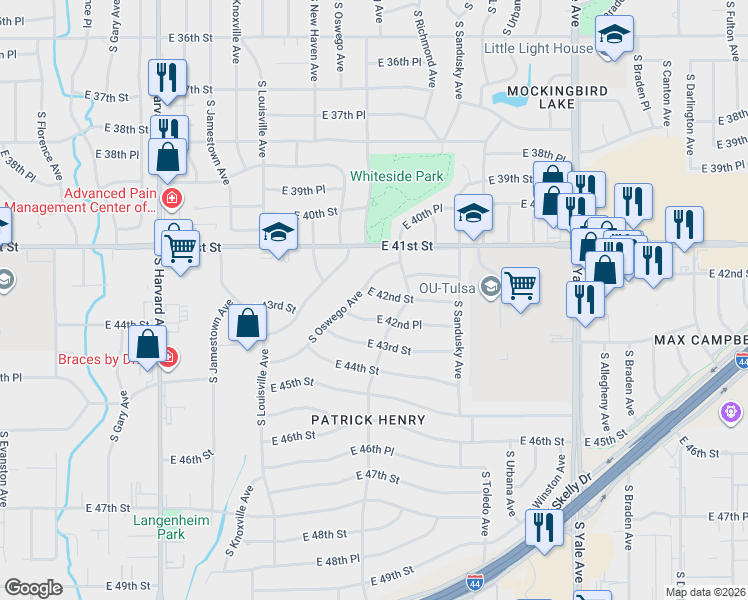 map of restaurants, bars, coffee shops, grocery stores, and more near 4014 East 42nd Street in Tulsa