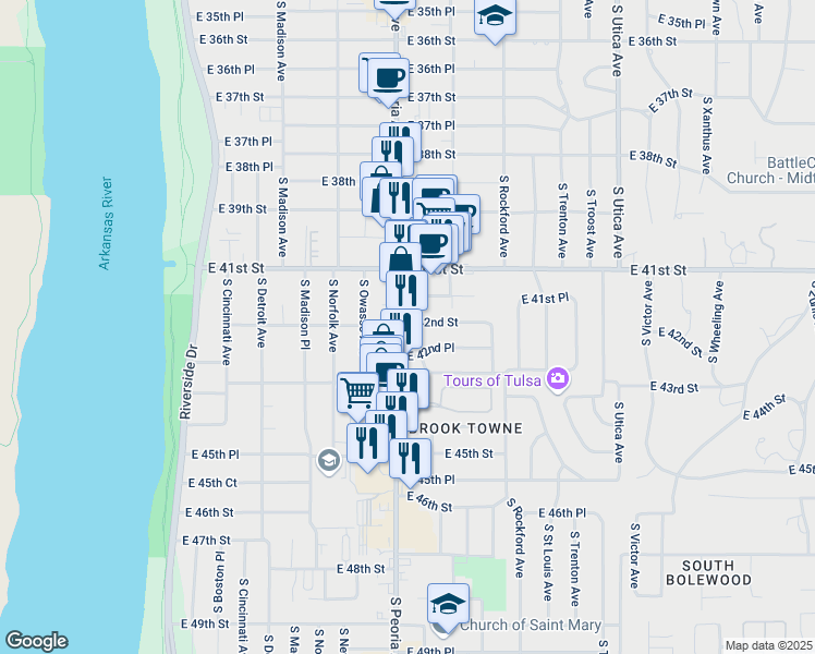 map of restaurants, bars, coffee shops, grocery stores, and more near 4208 South Peoria Avenue in Tulsa