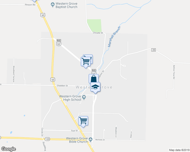 map of restaurants, bars, coffee shops, grocery stores, and more near 283a U.S. 65 Business in Western Grove
