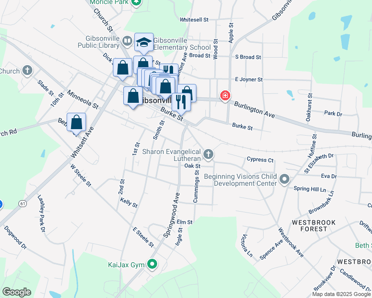 map of restaurants, bars, coffee shops, grocery stores, and more near 405 Springwood Avenue in Gibsonville