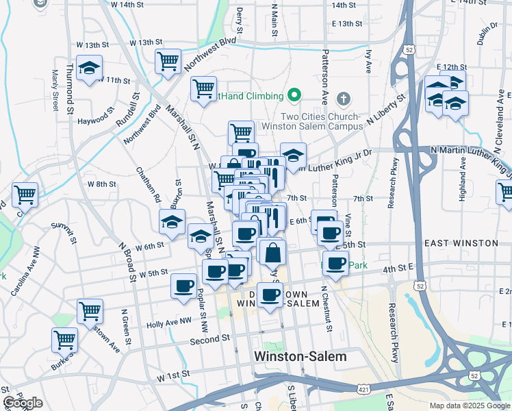 map of restaurants, bars, coffee shops, grocery stores, and more near 620 North Liberty Street in Winston-Salem