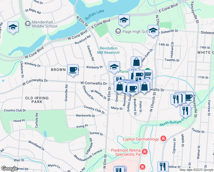 map of restaurants, bars, coffee shops, grocery stores, and more near 2105 North Elm Street in Greensboro