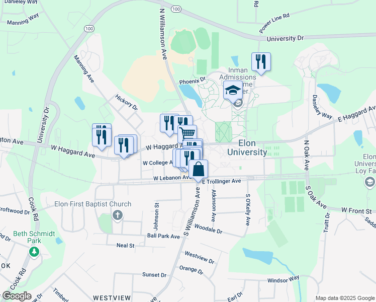 map of restaurants, bars, coffee shops, grocery stores, and more near 271 North Williamson Avenue in Elon