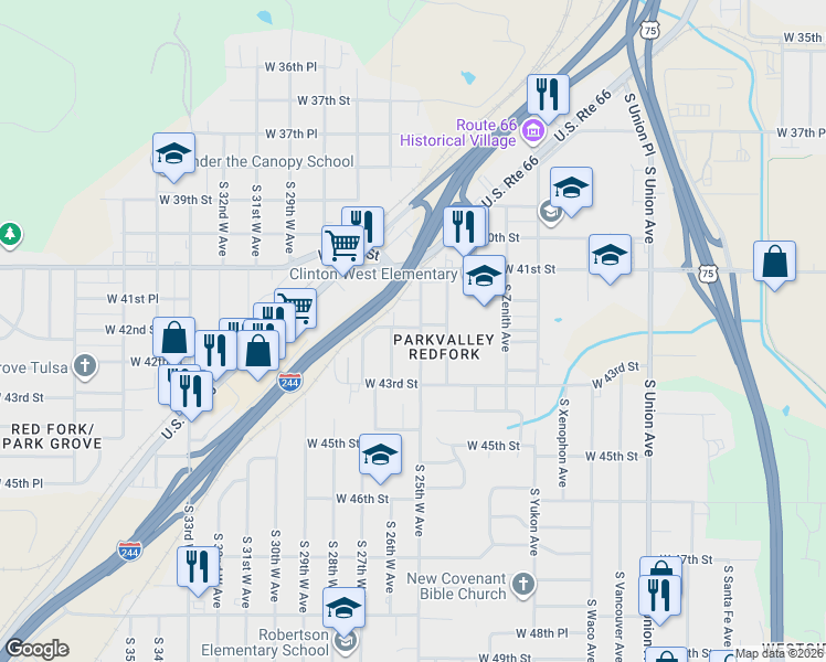 map of restaurants, bars, coffee shops, grocery stores, and more near 4214 South 25th West Avenue in Tulsa