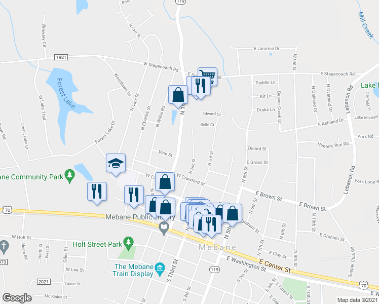 map of restaurants, bars, coffee shops, grocery stores, and more near 515 North 2nd Street in Mebane