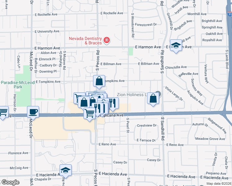 map of restaurants, bars, coffee shops, grocery stores, and more near 3554 East Sierra Patricia Avenue in Las Vegas