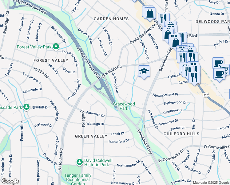 map of restaurants, bars, coffee shops, grocery stores, and more near 1613 Gracewood Drive in Greensboro