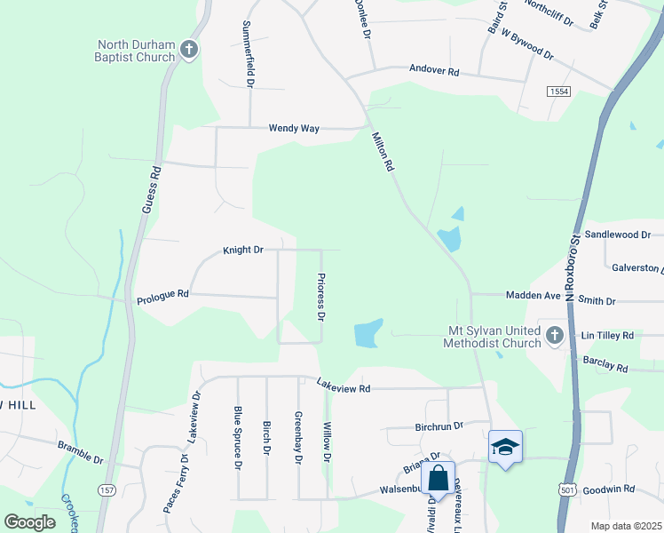 map of restaurants, bars, coffee shops, grocery stores, and more near 5814 Prioress Drive in Durham