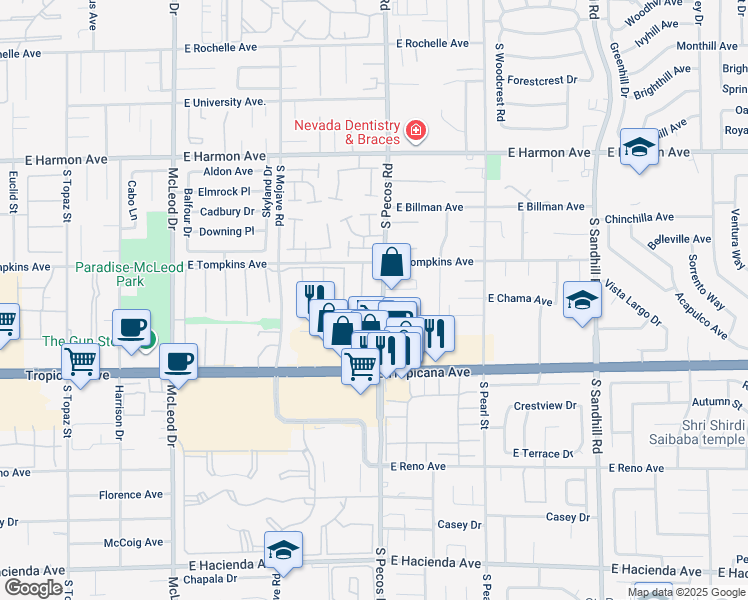 map of restaurants, bars, coffee shops, grocery stores, and more near 3438 South Pecos Road in Las Vegas