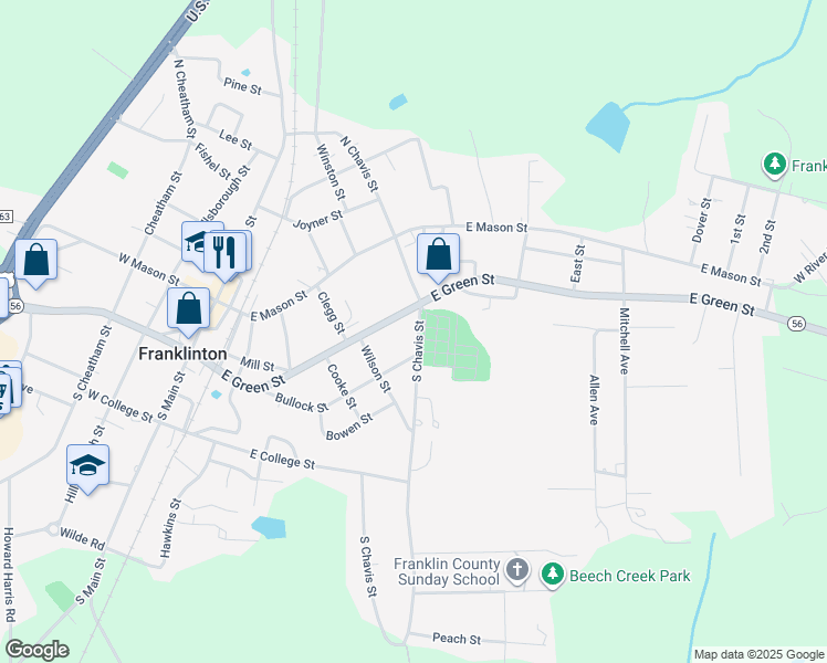 map of restaurants, bars, coffee shops, grocery stores, and more near 104 South Chavis Street in Franklinton