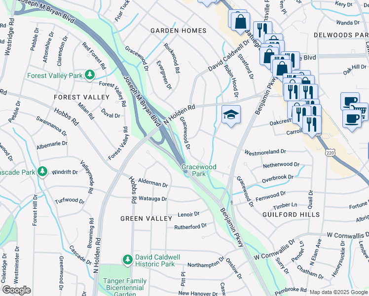 map of restaurants, bars, coffee shops, grocery stores, and more near 1613 Gracewood Drive in Greensboro