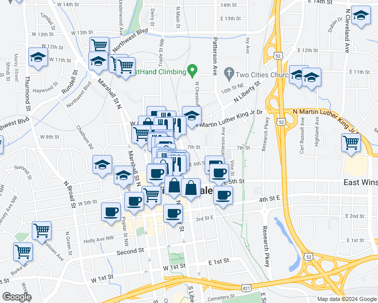 map of restaurants, bars, coffee shops, grocery stores, and more near 675 North Main Street in Winston-Salem