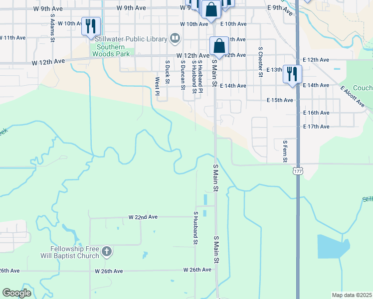 map of restaurants, bars, coffee shops, grocery stores, and more near 1823 South Husband Street in Stillwater